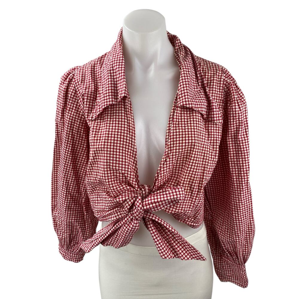 Maison Cleo Red Gingham Collared Long Puff Sleeve Wrap Tie Crop Blouse Top Sz M